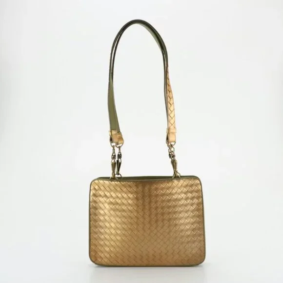 Authentic Bottega Veneta Flat Shoulder Bag - Golden Metallic Intrecciato Leather - Picture 2 of 16